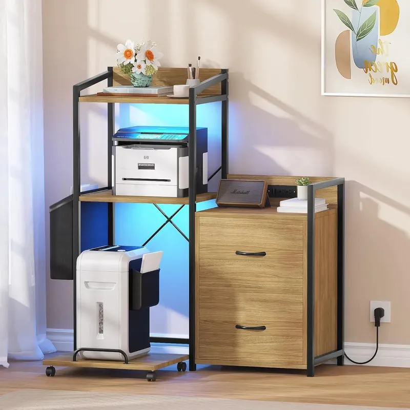 Tall Printer Stand with Storage Shelf and Bag,Filing cabinet,Lateral Office Filing Cabinets with Power Outlets & USB Charging Po