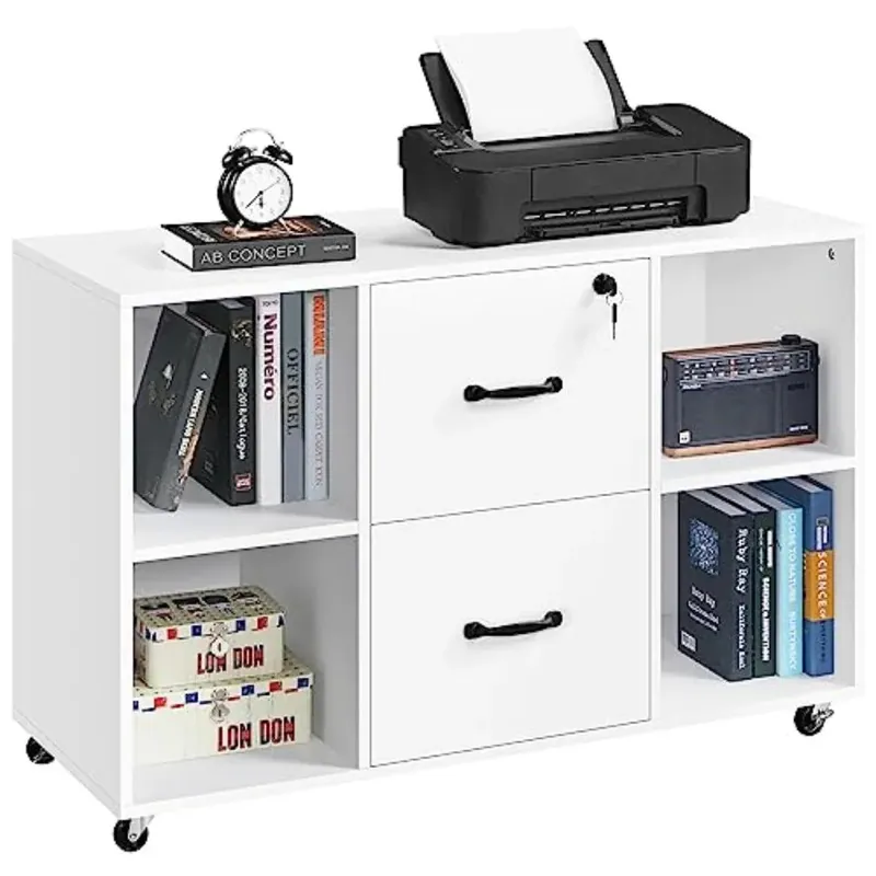 White Mobile Letter Size File Cabinet with 2 Drawers and 4 Open Shelves for Home Office Storage