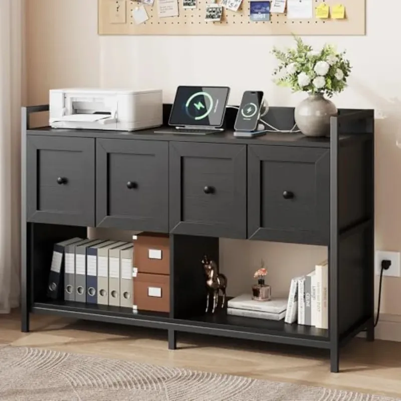 Lateral File Cabinet for Home Office 43 Wood with Power Outlet 2 Drawers 2 Open Shelves