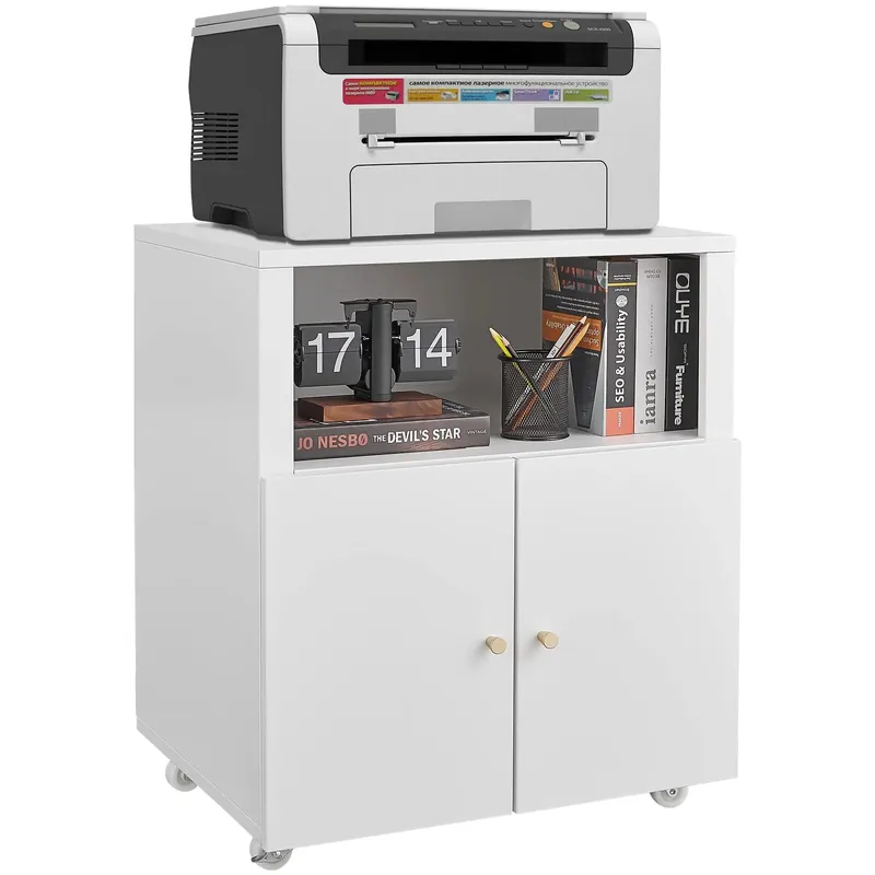 Printer Stand with Storage, Copier Printer Cabinet with 2 Doors Mobile Metal File Cabinet with Open Storage Shelf for Letter/Leg