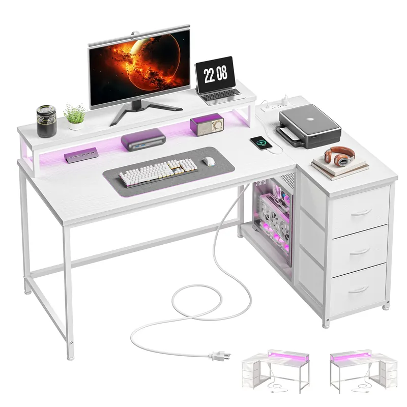 EnHomee 40" L-Shaped Computer Desk with Monitor Stand & 3 Drawers