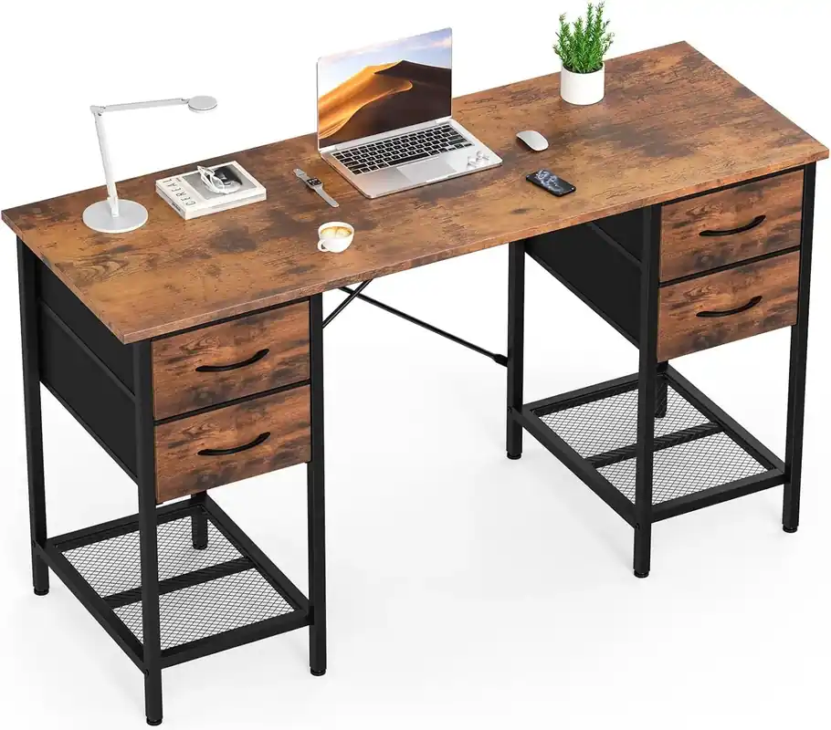 55 inch Computer Desk with Drawers, Home Office Table with 4 Fabric Drawers