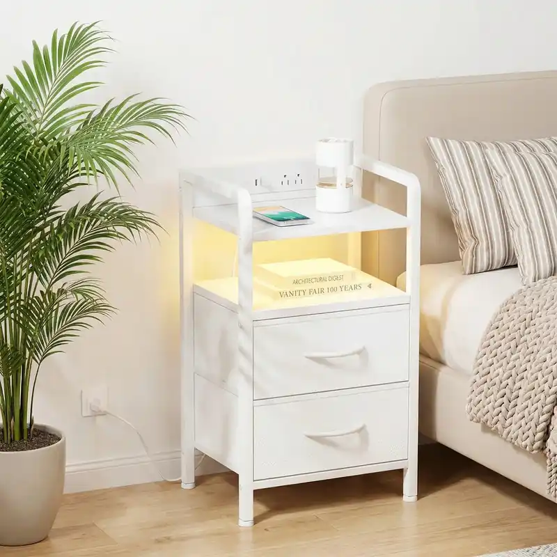 Industrial Nightstand with Built-in Charging Station, 2 Drawers & LED Lights