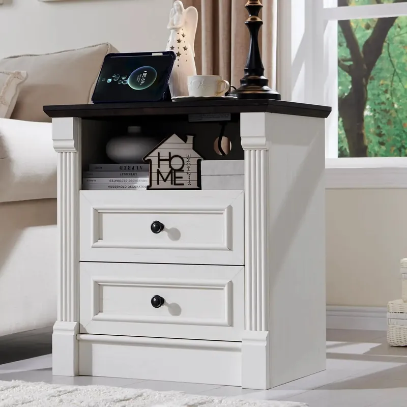 26" Tall 2 Drawer Dresser Nightstand W/ Charging Station For Bedroom