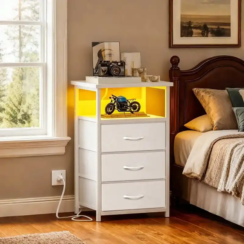 Modern Smart Nightstand With Charging Station LED Light USB Ports