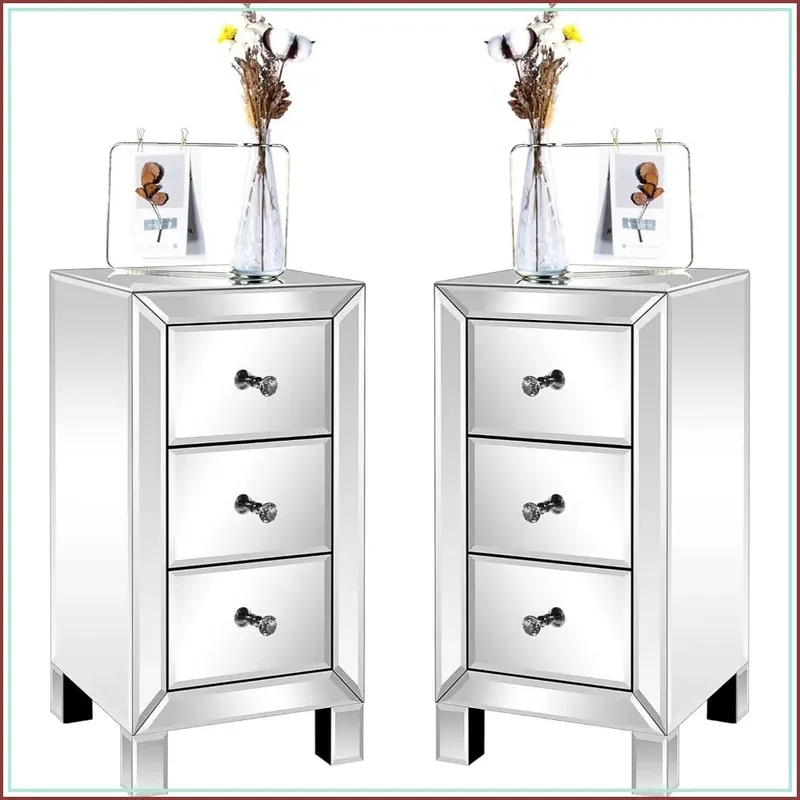 3-Drawer Mirrored Nightstand Set of 2, Glass End Table for Bedroom, Silver