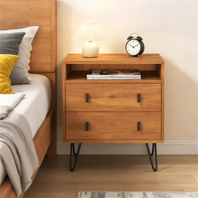 3-in-1 Bedroom Nightstand, Practical Side Table with 2 Drawers & Iron Legs
