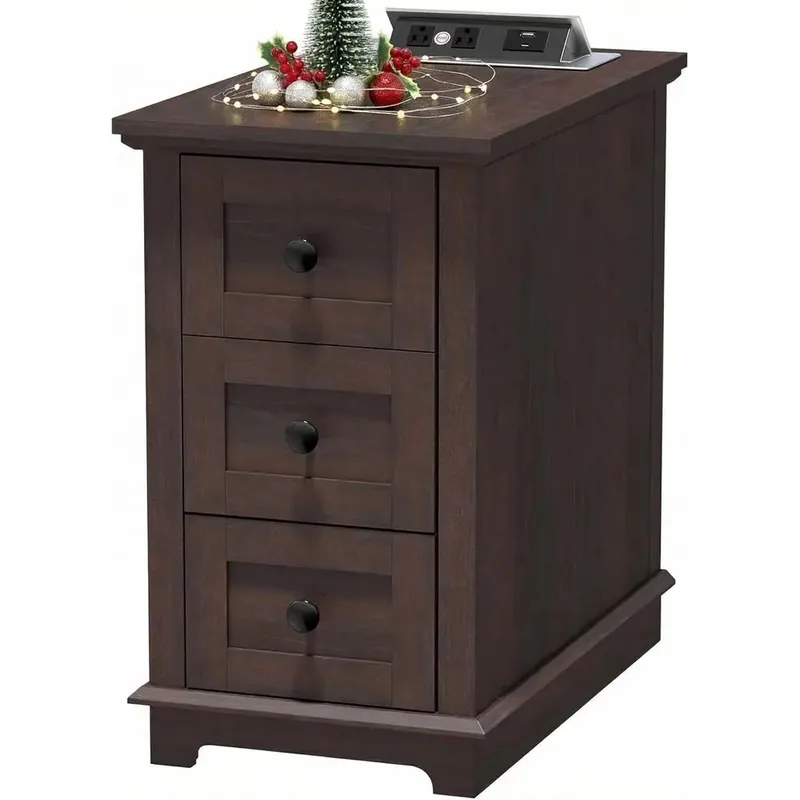 3-Drawe Wooden Storage Nightstand with Charging Station for Living Room