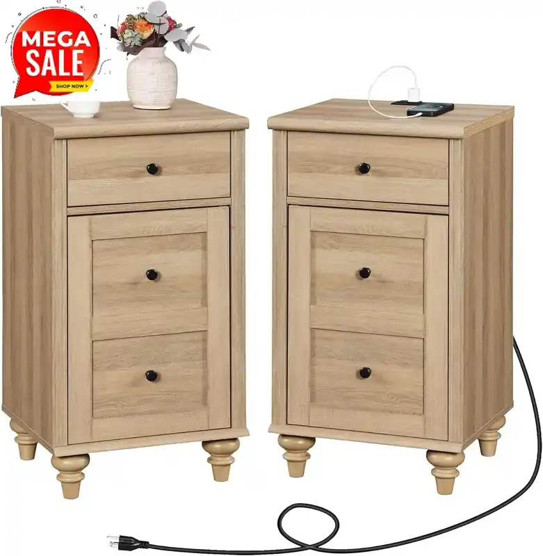 Set of 2 Nightstands w/ Charging Station, Power Outlets & USB Ports for Living
