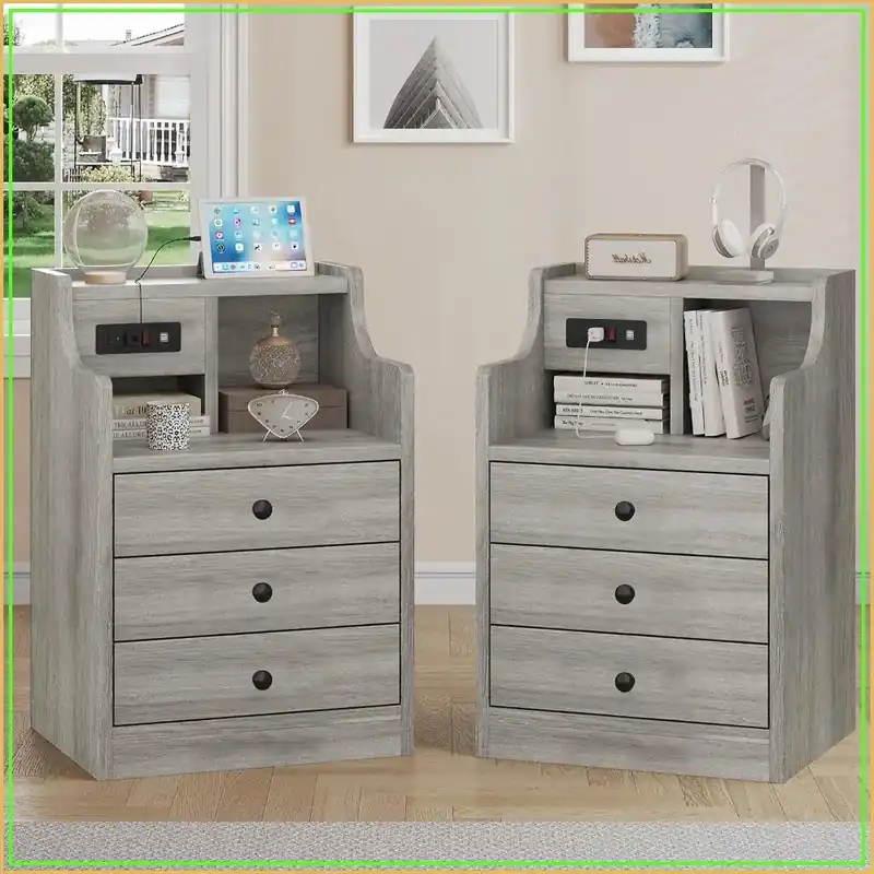 Nightstand Set 2, Grey Side Table with Charging Station, 3 Drawers, Modern