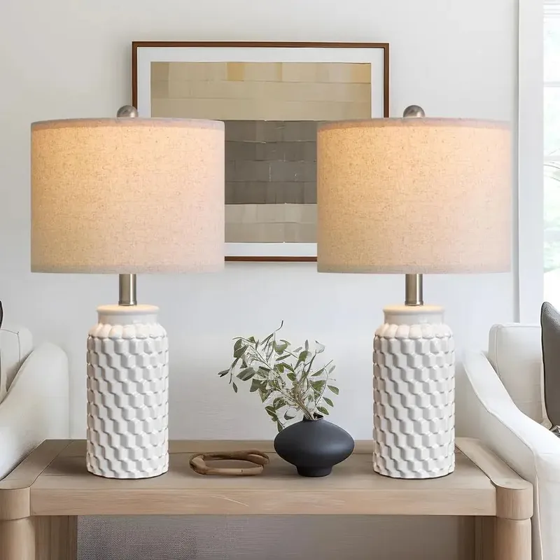 White Modern Ceramic Bedside Lamp Set of 2 for Bedroom Decor