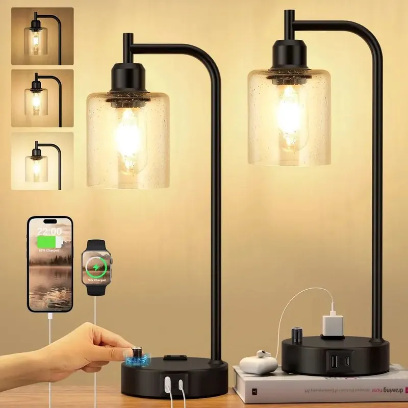 Set of 2 Dimmable Bedside Lamps with USB A and C Ports, Black Nightstand