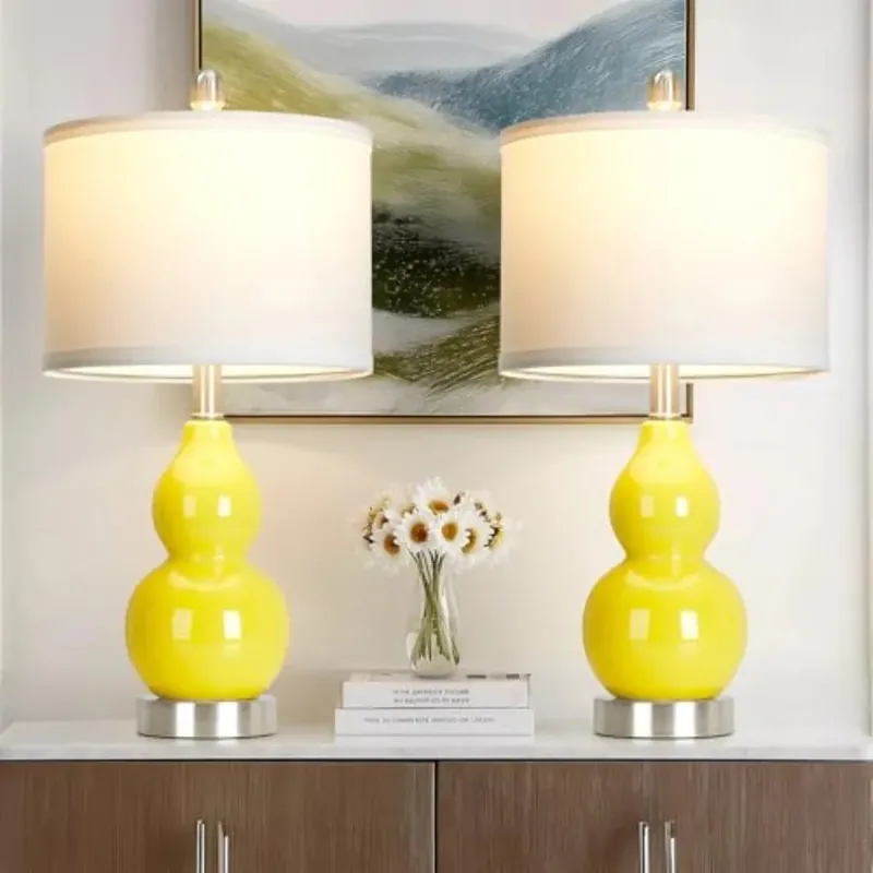 Set of 2 Yellow Modern Bedside Lamps for Living Room. Nightstand Desk Lamps