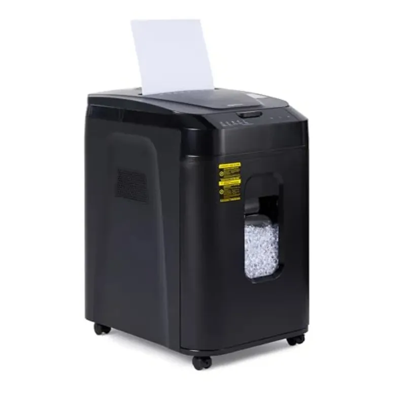 Office paper and credit card shredder with micro-cut P-4 security, black plastic housing, 8.5-gallon bin