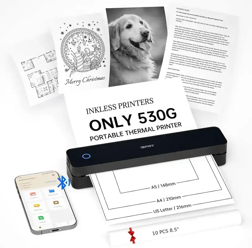 Portable Printer Wireless for Travel, Inkless Bluetooth Thermal Printers for Home,Office