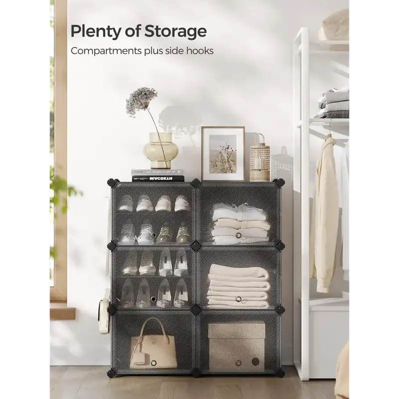 SONGMICS Shoe Rack, 6 Cubes With Doors, 24 Pair For Bedroom, Plastic