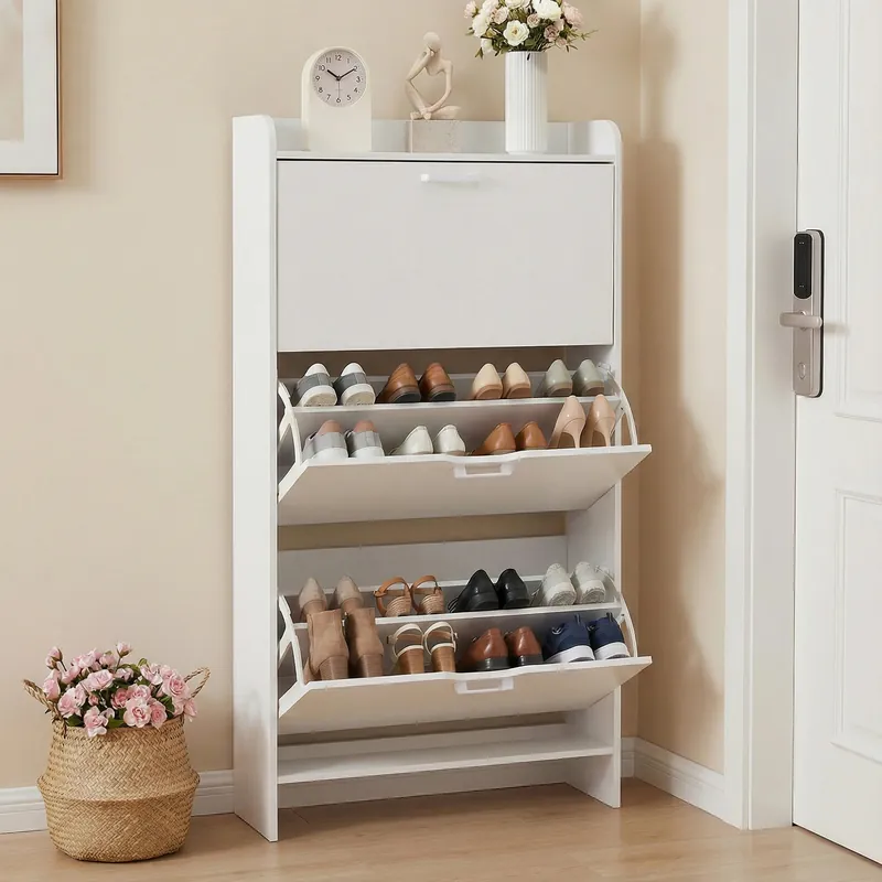 Wooden Shoe Storage Organizer with 3 Flip Drawers for Entryway, Hallway