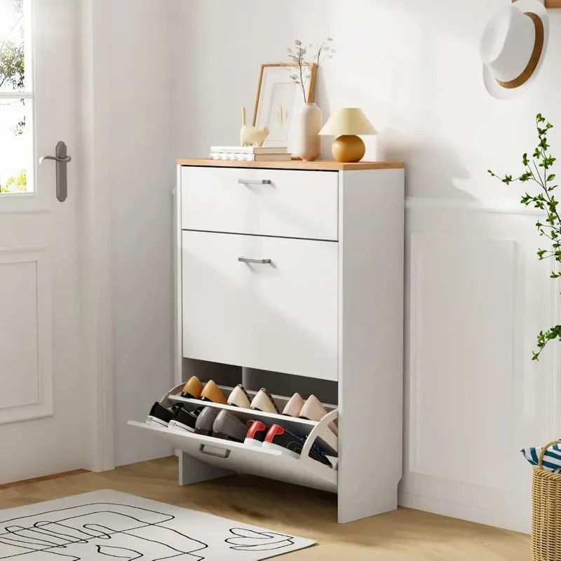 Shoe Cabinet Storage for Entryway Ultra Slim w/ 2 Flip &1Drop-Down Drawers