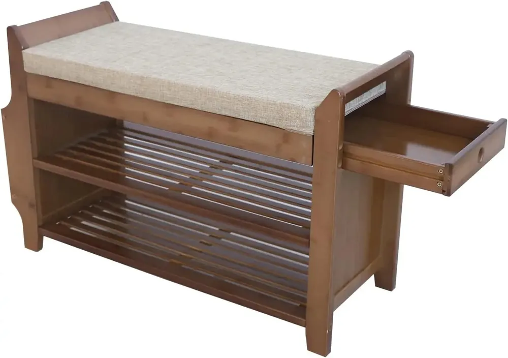 2Tier Shoe Rack Bench 31 Inch Entryway Bench with Storage Basket for Living Room