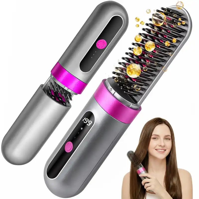 Cordless Hair Straightener Brush, Portable Ionic Anti-Frizz Hair Straightening Comb with 3 Temperature Settings, Fast Heating, 4000mAh Type-C Rechargeable