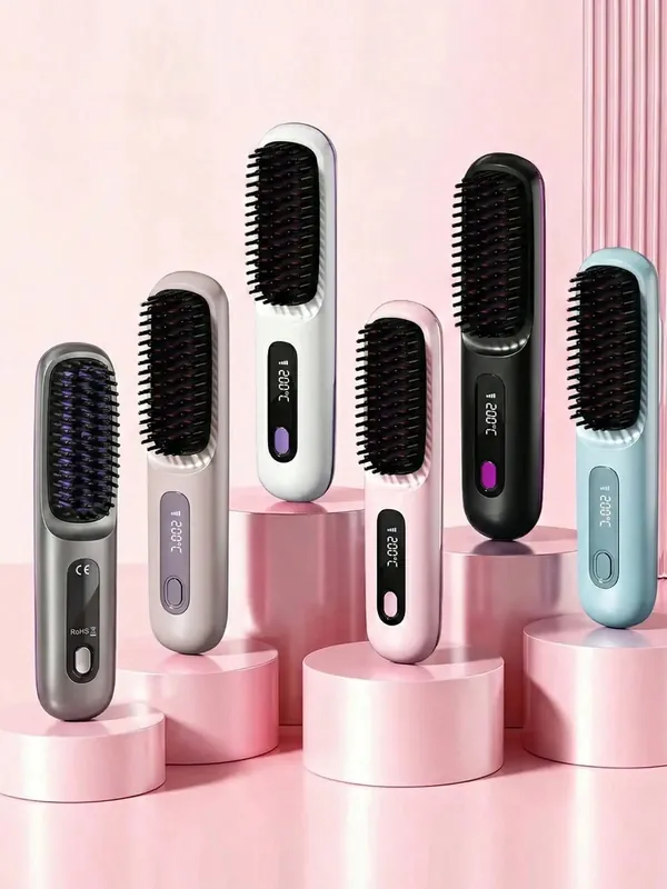 Women‘s Wireless Portable Hair Straightener, USB Rechargeable Negative Ion Hot Air Straightening Brush, Effectively Smooths Frizz, Makes Hair Shiny And Soft, Anti-Scald Design, 3 Temperature Settings,