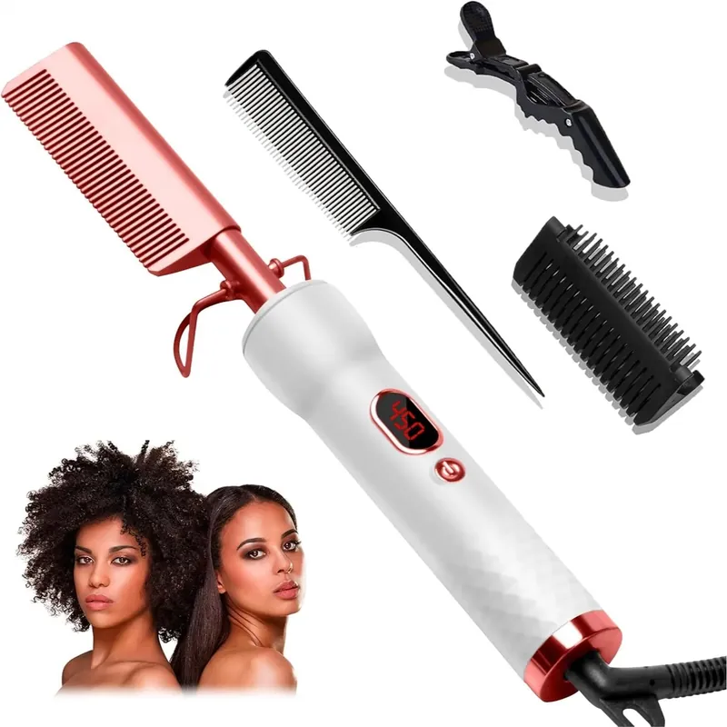 Hot Comb for Black Hair with 12 Temp Settings Up to 450°F, Electric Straightening Comb for Curling/Straightening