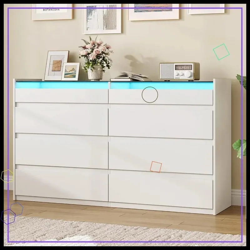 8 Drawer Dresser with LED Light, Modern Chest of Drawers with Hidden Handles and Glass Top for Bedroom