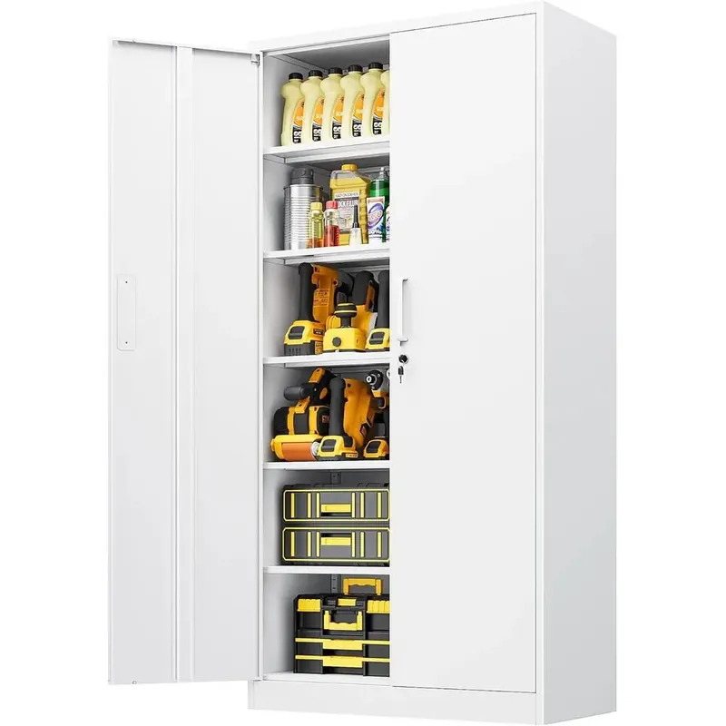 Tall White Steel Storage Cabinet with 2 Doors and 5 Adjustable Shelves for Home