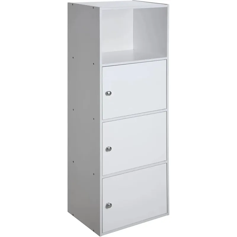 Three-Door Bookcase with Shelves, White Wood Finish Storage Cabinet