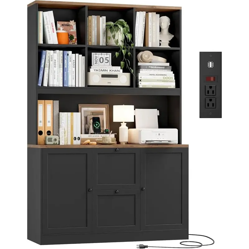 72-Inch Tall Bookcase with Power Outlet, Printer Stand, Hanging File Cabinet
