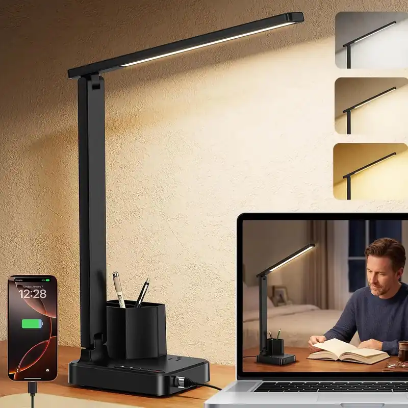 LED Desk Lamp with USB-C & AC Outlet, Dimmable Eye-Care Light for Home