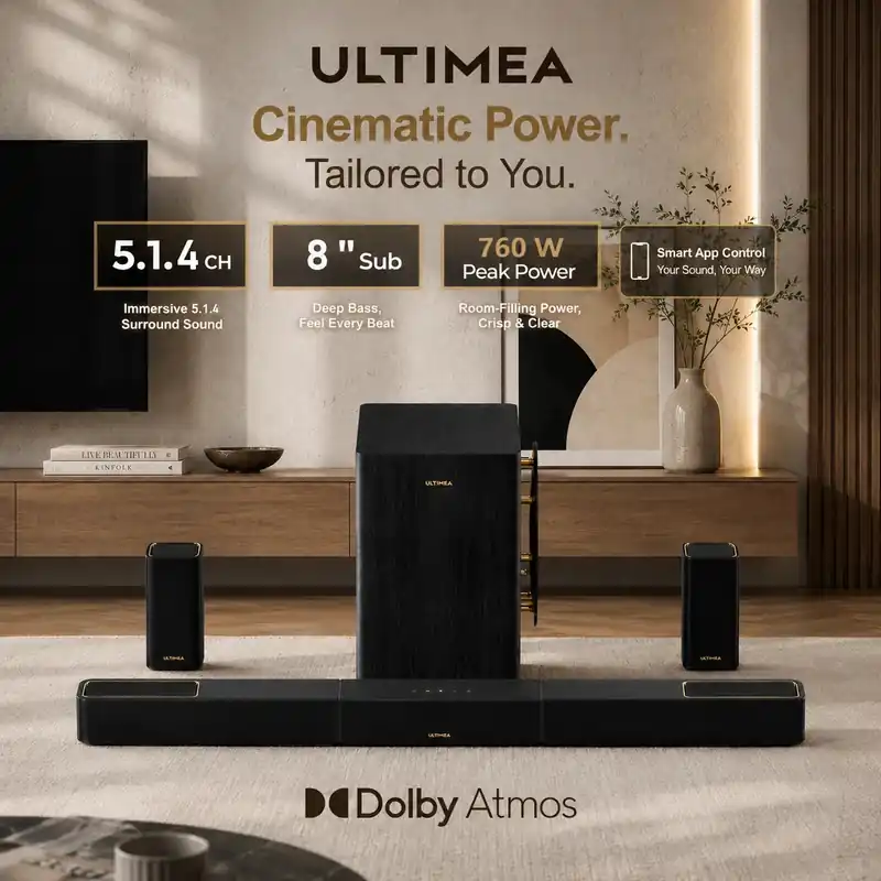 ULTIMEA Skywave Series 5.1.4ch Professional Soundbar with 8" Subwoofer Rear Speakers