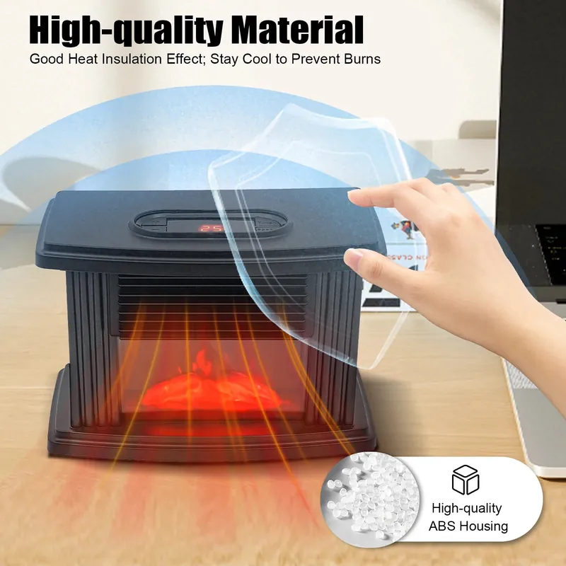 350W Mini Electric Fireplace Adjust 15-32°C Heater with 3D Realistic Flame