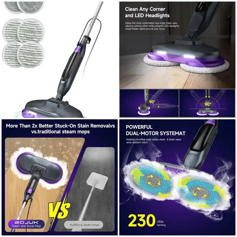 Steam Mops for Floor Cleaning with Rotating Pads, 4 Cleaning Modes