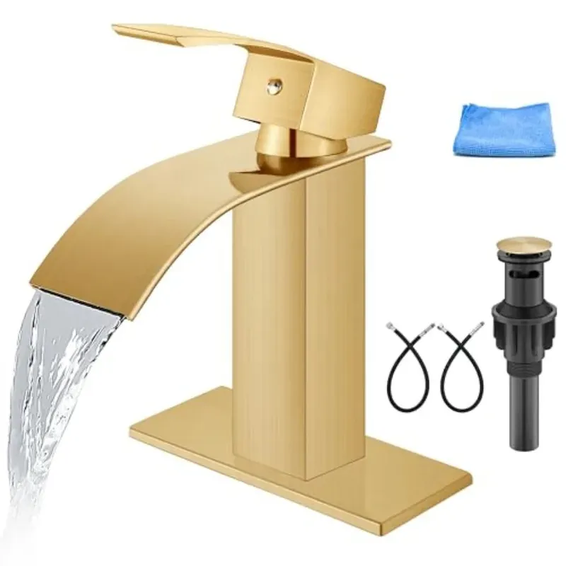 Bathroom Faucet Single Handle 1 Hole Deck Mount Lavatory Vanity RV Sink Mixer Basin Tap with Cover Plate and Pop Up