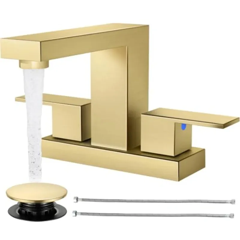 Bathroom Faucets for Sink 3 Hole Brushed Bathroom Sink Faucet Square with Pop-Up Drain 2 Handle and 2 Supply Hoses Lead-Free St