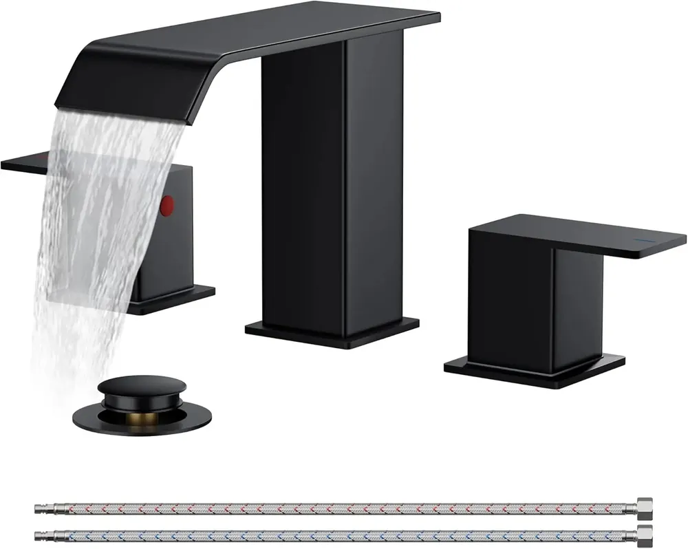 8 Inch Widespread 3 Hole Bathroom Faucet, Matte Black Waterfall Spout