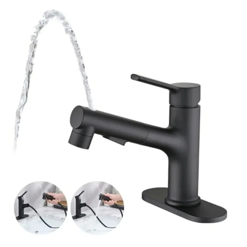 Bathroom sink faucet with pull-out sprayer matte black finish modern single-handle design with pop-up drain stopper