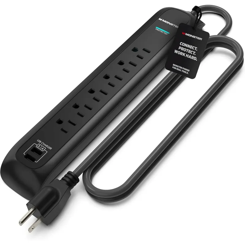 Surge Protector Power Strip 1200J, 6 Outlets 2 USB-A, 6FT Cord Fireproof MOV