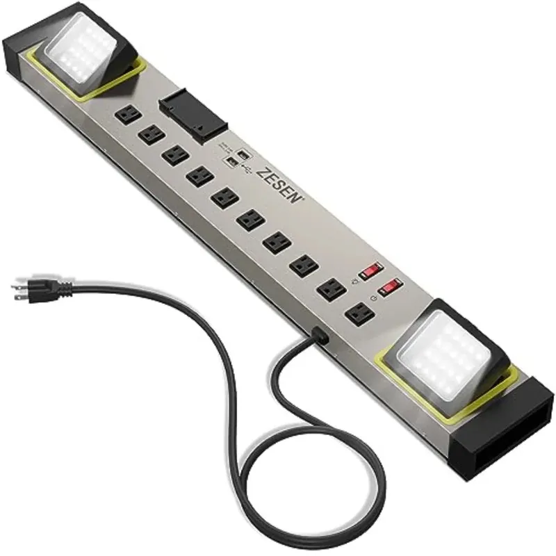 Workshop/Garage/Office/Home 10-Outlet Power Strip with LED Worklight
