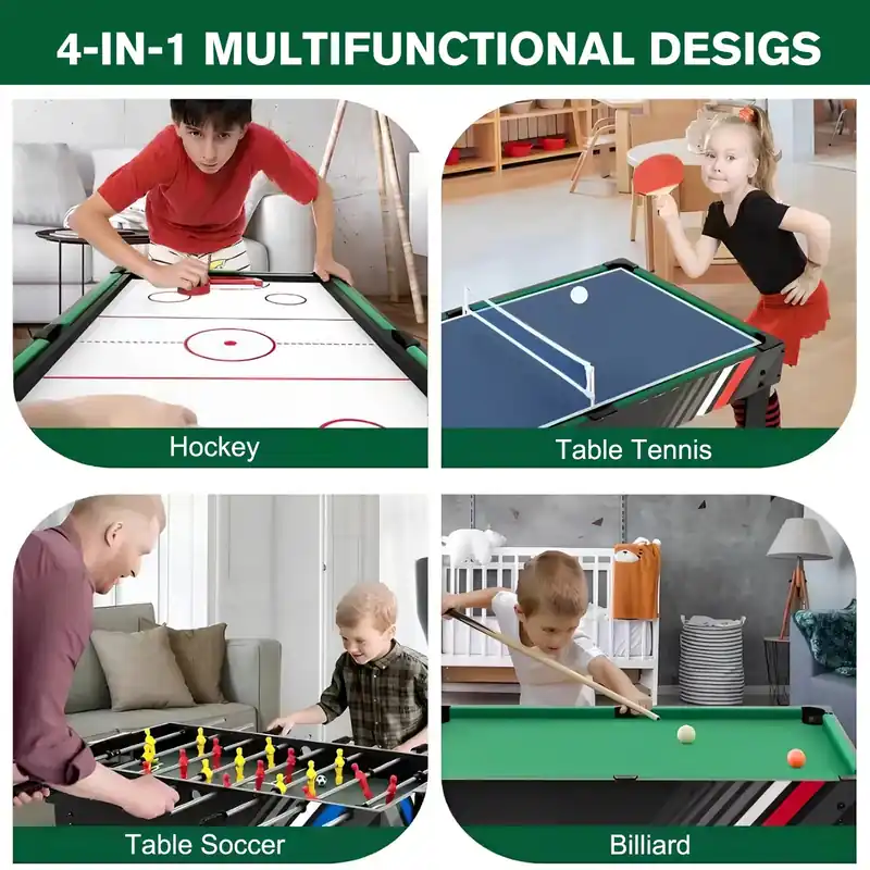 4-In-1 Foosball Table Combo Set W/ Football Billiards Table Tennis for Family