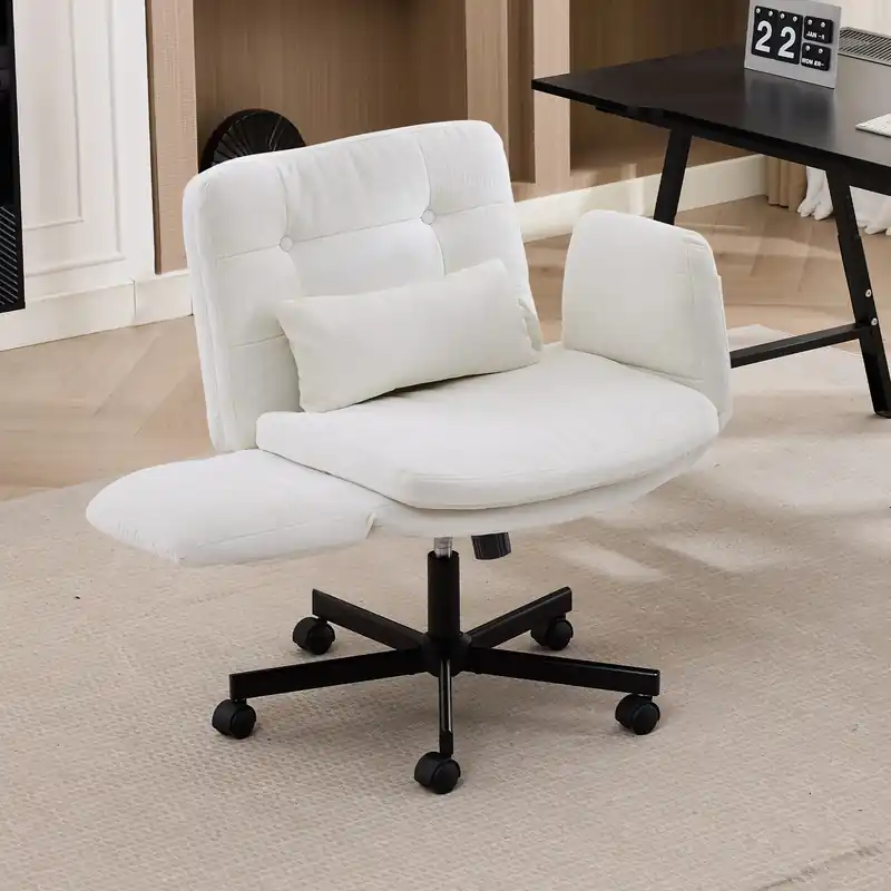 TCGBKAF White Criss Cross Chair with Adjustable Arms Chenille Swivel Vanity Chair with Side Pockets Ergonomic Cross Legged Office Chair with Wheels Adjustable Height Computer Desk Chair