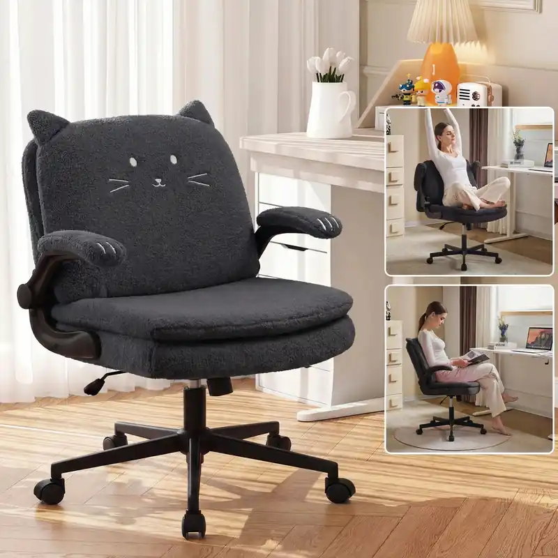 TCGBKAF Black Criss Cross Chair with Wheels&Flip-Up Arms, 25" Seat Cross Legged Office Chair with Flip-Up Back, Ergonomic Computer Desk Chair, Adjustable