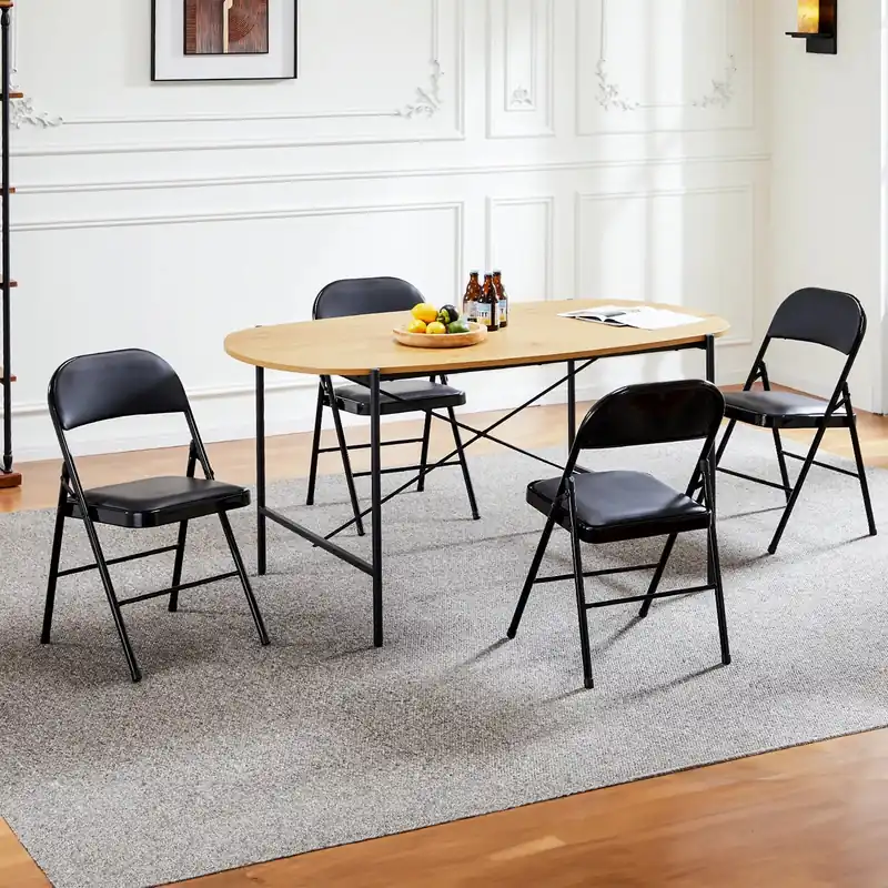 JHK Leather Padded Folding Chair 4 Pack Sturdy Metal Living Room Rocking Dinner Chairs Easy to Use Storage