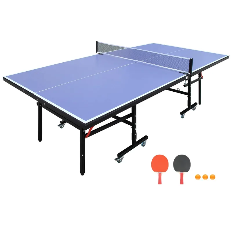 8 ft Blue Foldable Table Tennis Table Set, Portable Ping Pong Table with Net