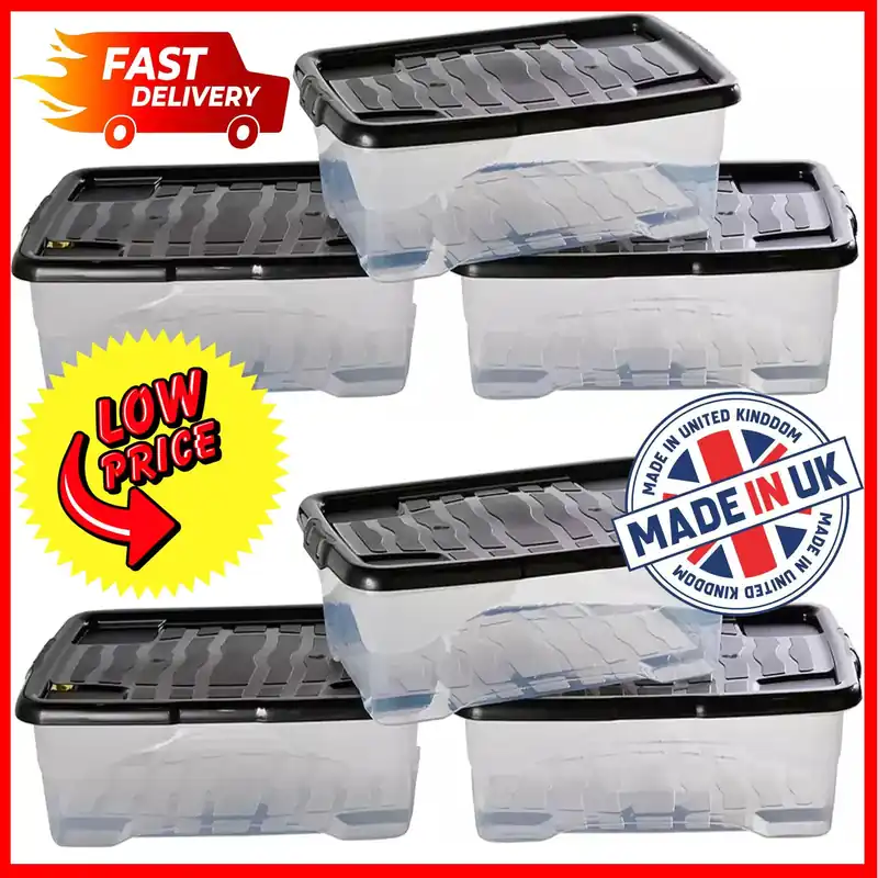 5 x 30L Clear Underbed Plastic Stacker Box Large Storage Box With Lids