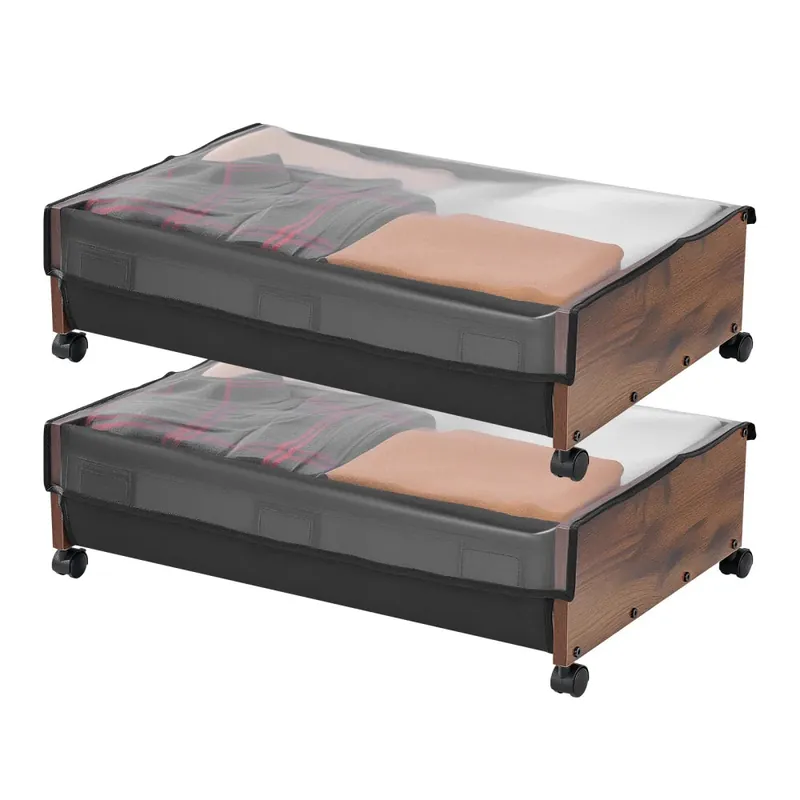 2 Pack Rolling Under Bed Storage With Wheels 25.6x18.1x7.1 Inch For Clothes Shoes