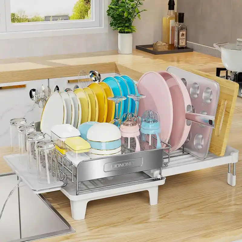 Expandable Dish Drying Rack, Stainless Steel 304, Flip-Top Retractable Plate, Space Saving Large Kitchen Rack, White