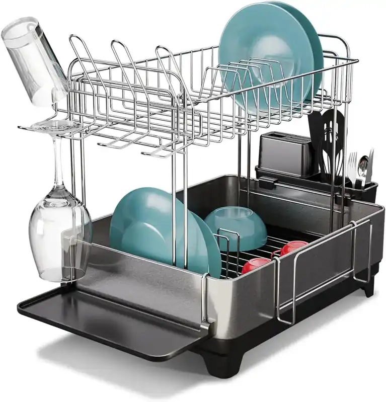 2-Tier Stainless Steel Dish Drying Rack with Drain Pipe & Utensil Holders