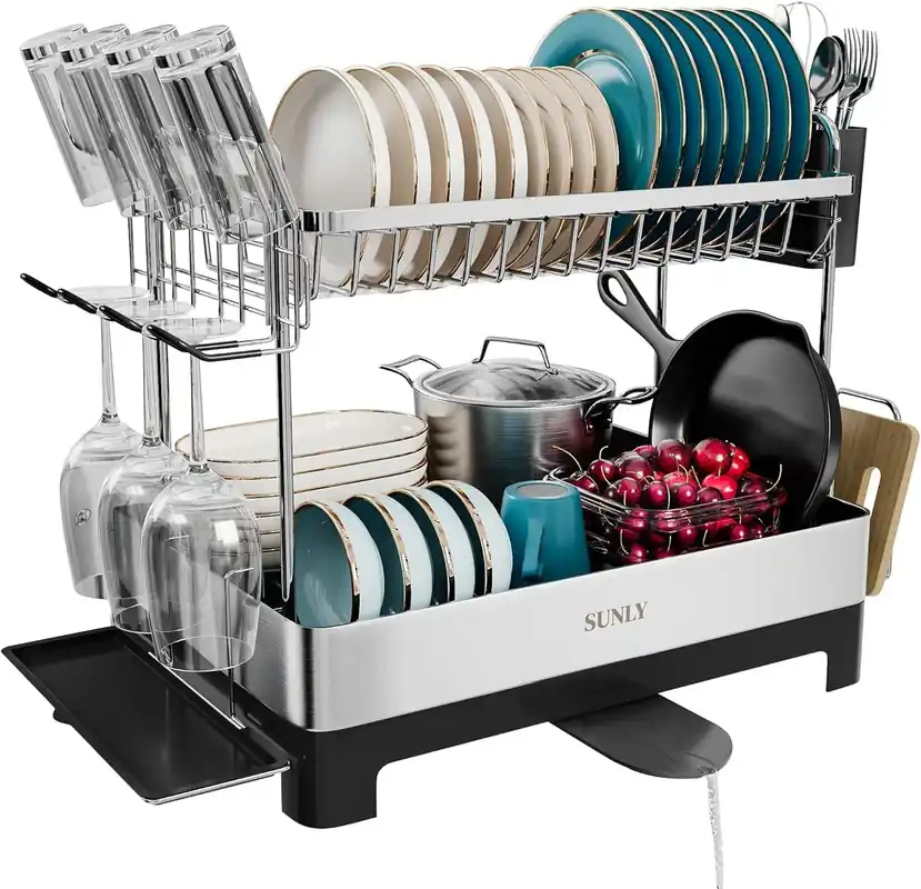 2 Tier Dish Drying Rack, Extra Large Stainless Steel Kitchen Drainer with Extendable Spout, Black